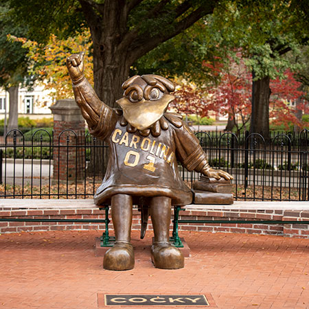 A bronze statue of USC's Mascot, Cocky