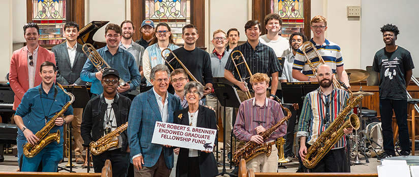 Left Bank Big Band members with donor Andrea Williams